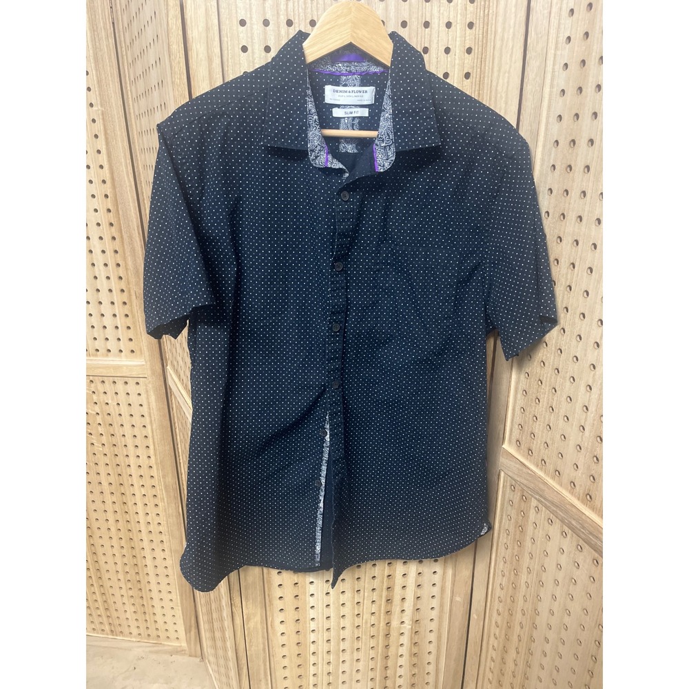 Denim & Flower Mens Slim Fit Navy Polka Dot Short Sleeve Button Down Shirt L